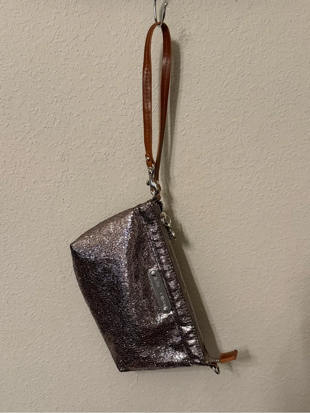 Betsey Johnson Metallic Silver/Gold Wristlet with Tan Strap